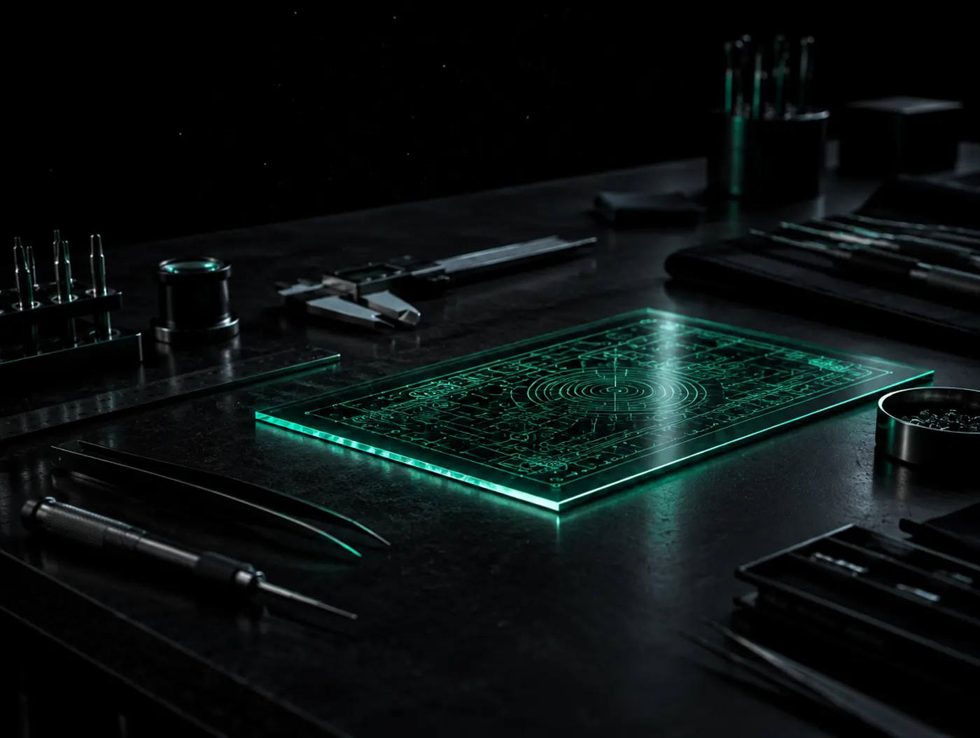 A workshop table at night with engineering tools and a sheet of glass etched with a glowing green circuit drawing