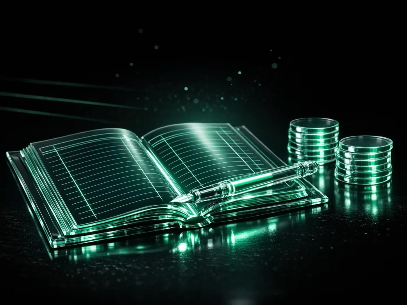 An open glass ledger with ruled green columns, a glass pen across the page and two stacks of glass coins beside it