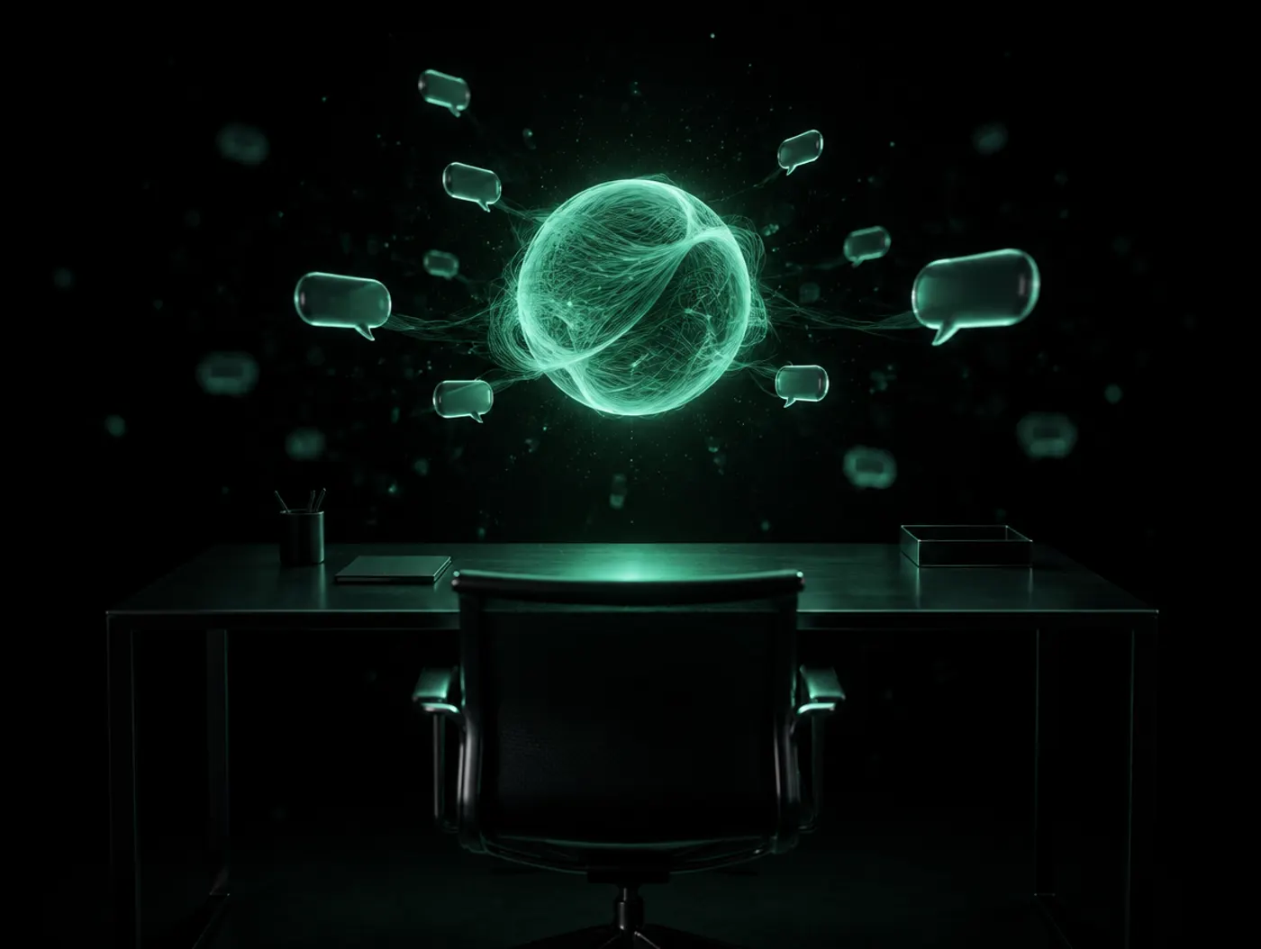 An empty desk at night with a sphere of green light above it sending out message bubbles