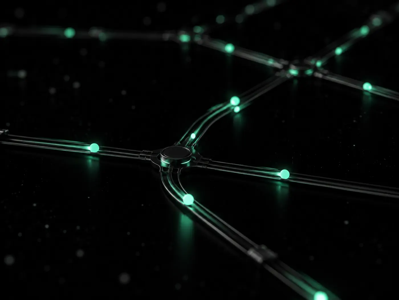 Points of green light travelling along branching rails