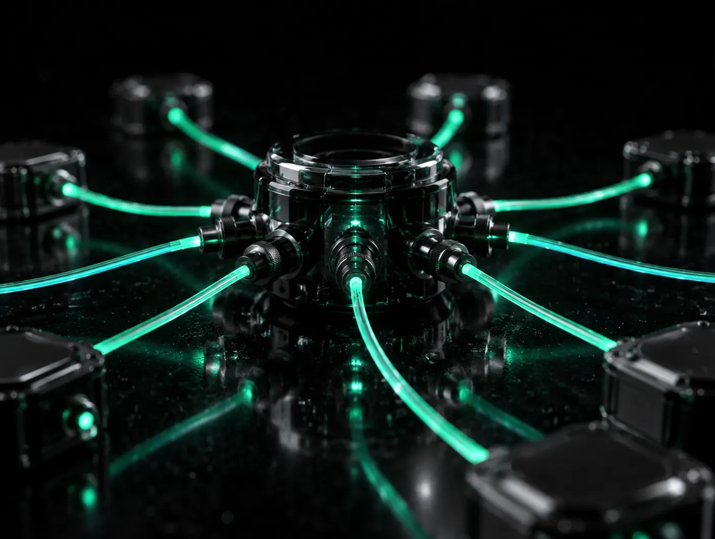 A central hub with green fibre-optic cables running out to smaller modules