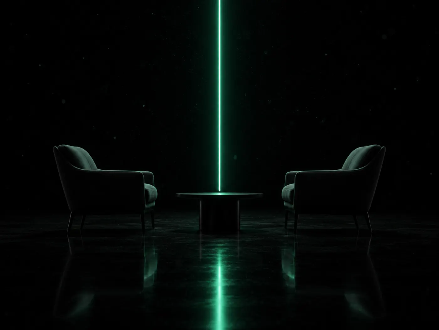 Two armchairs facing each other with a line of green light between them