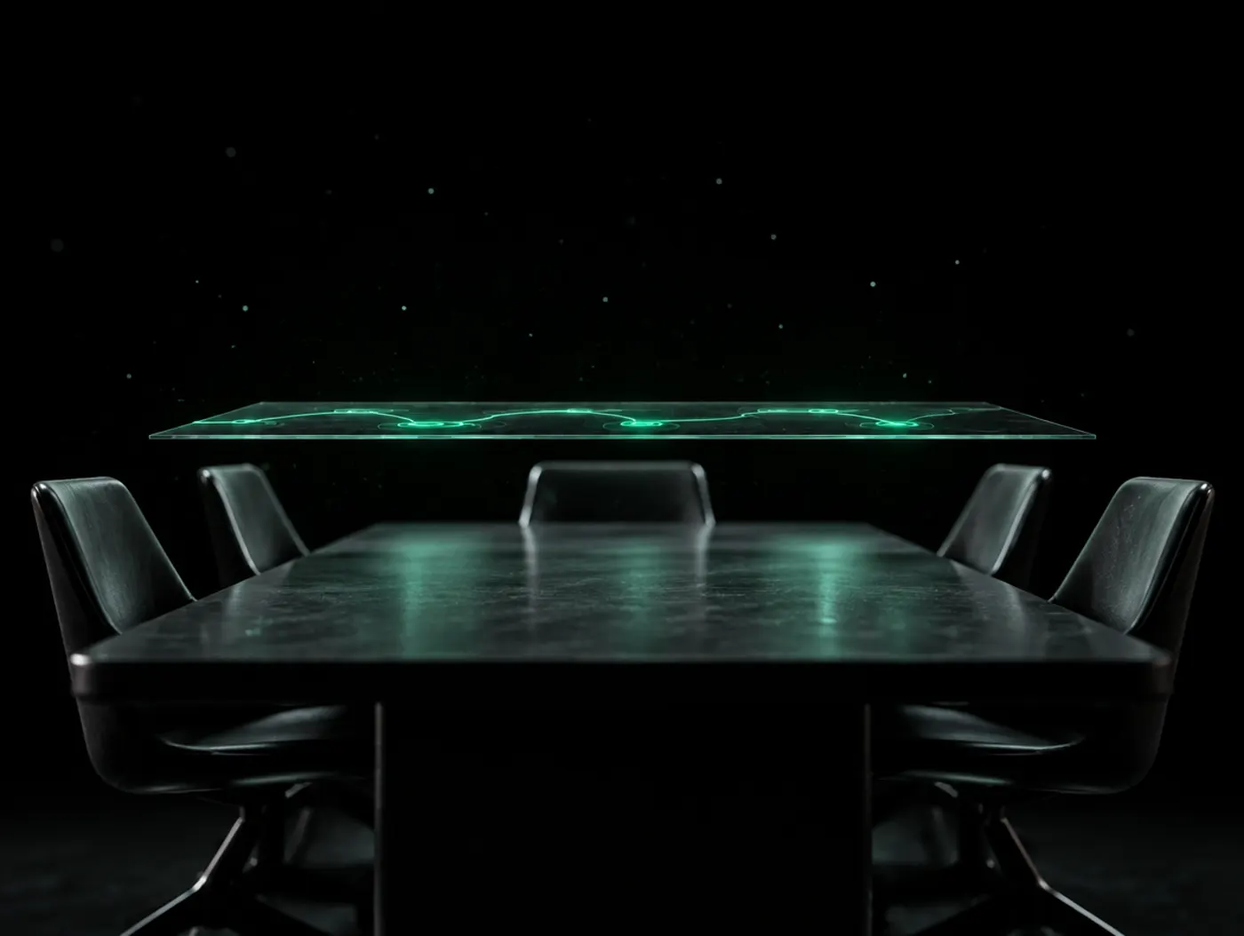 A meeting table with a sheet of glass above it tracing a shared workflow in green light