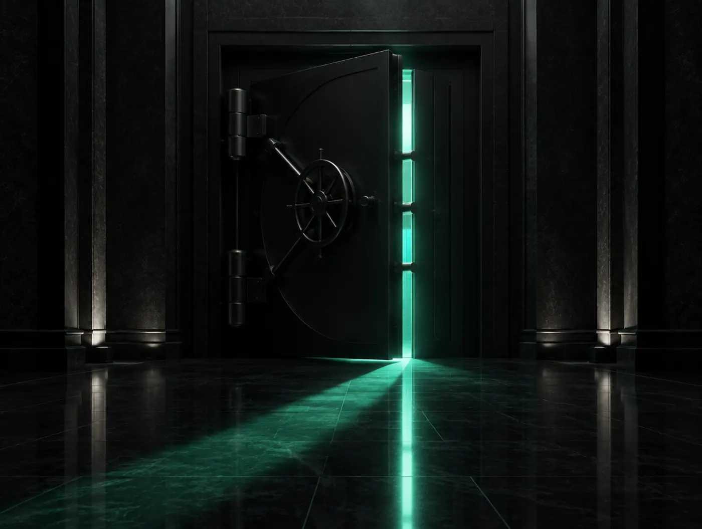 A vault door standing slightly open with green light coming through the gap