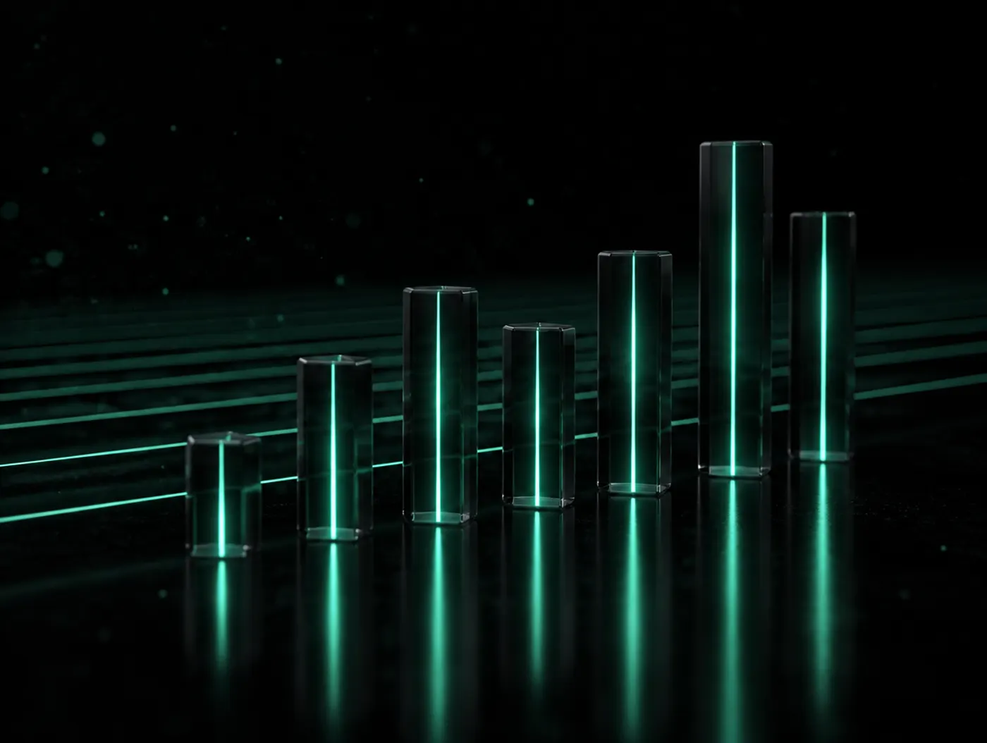 Glass columns of different heights lit from inside in green, like a bar chart