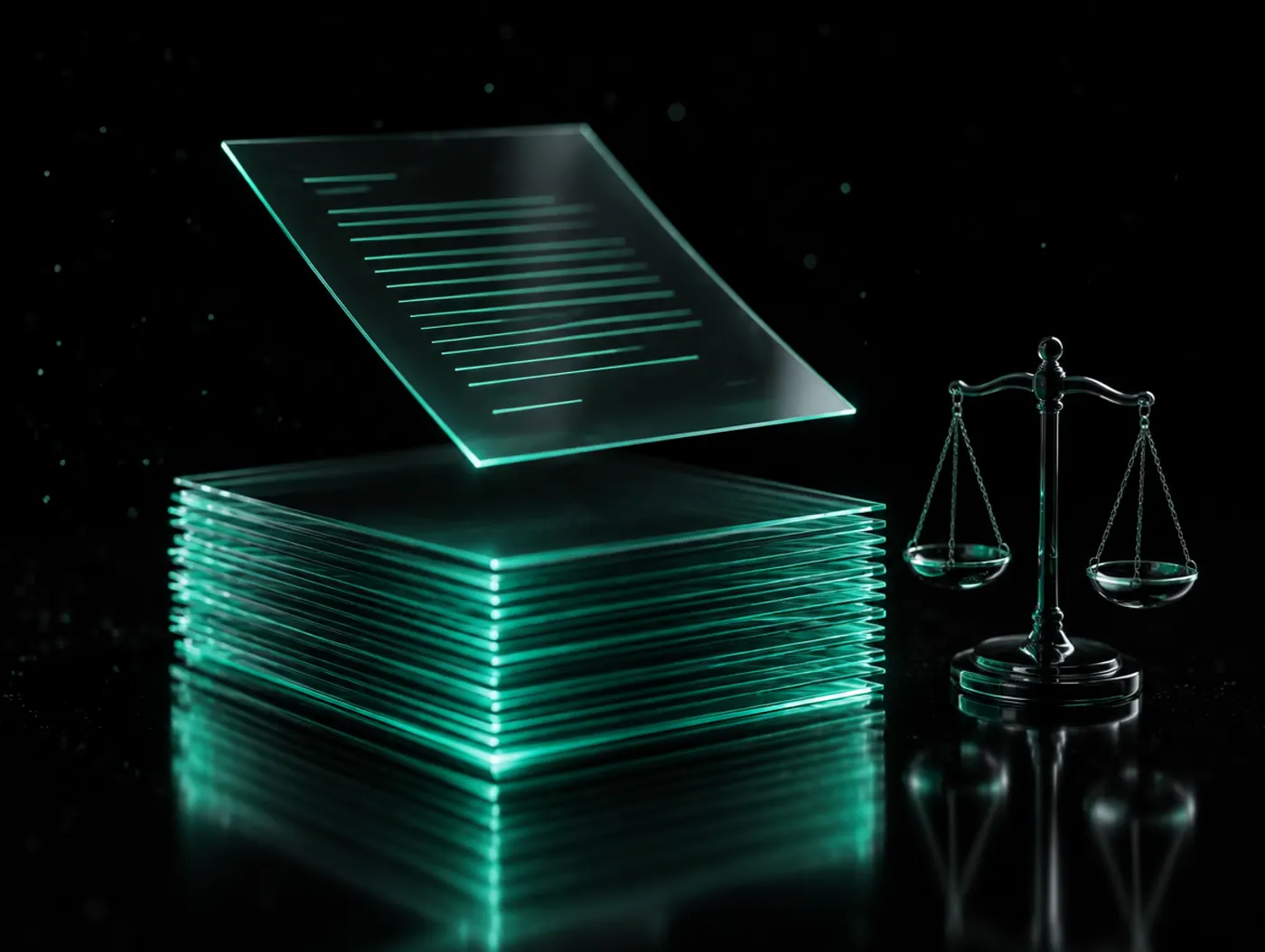 A stack of glass document sheets with green edges beside a small balance scale