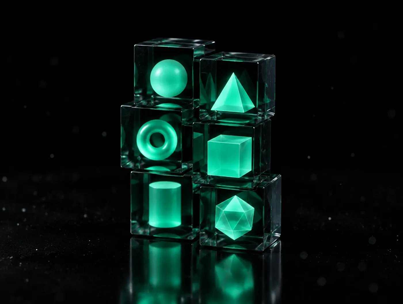 Six glass cubes stacked together, each holding a different green shape