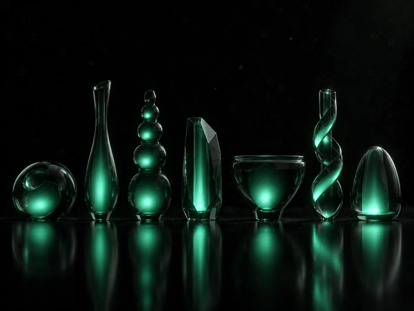Seven different glass objects in a row, each lit from inside in green